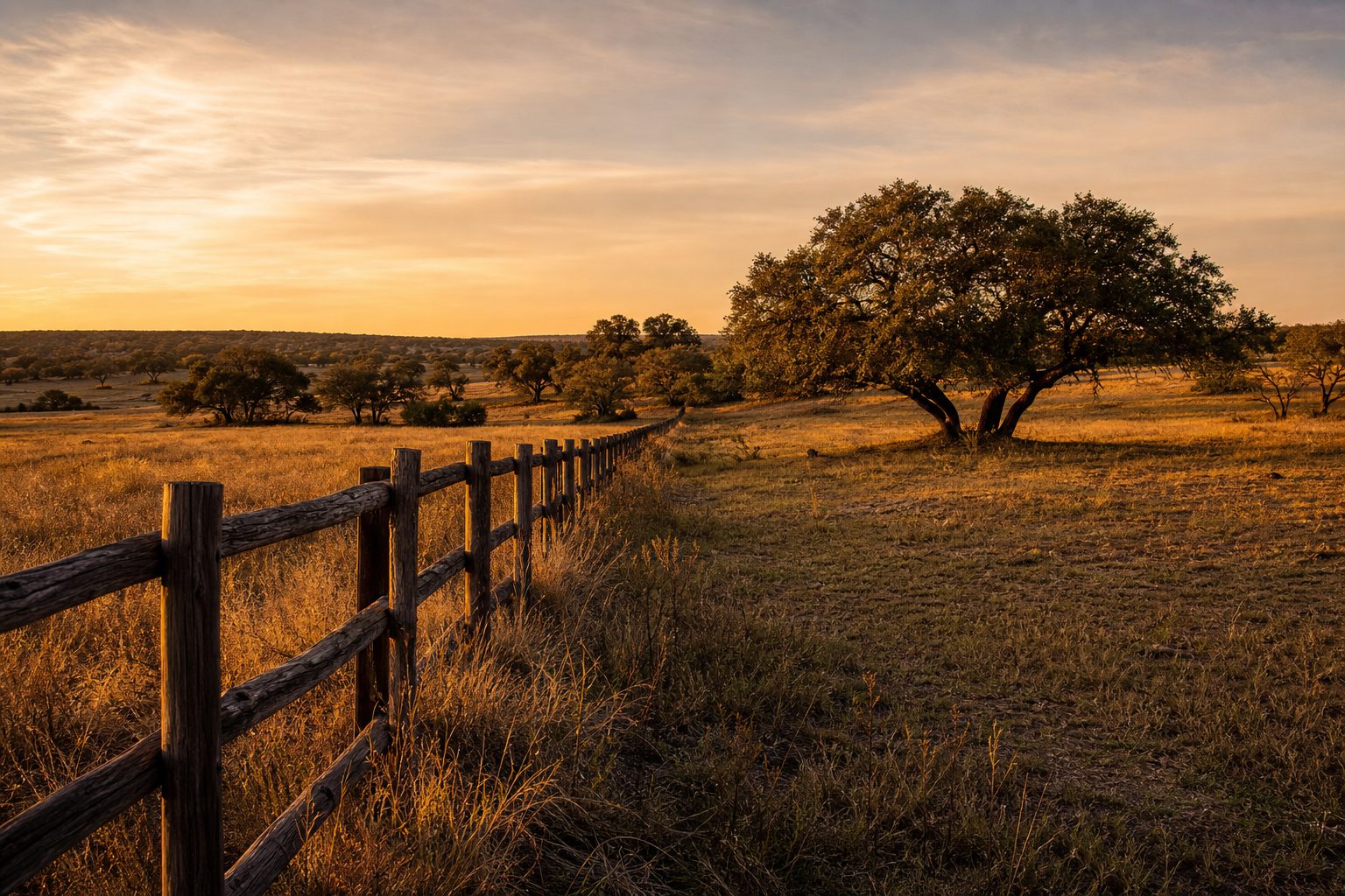 Concept image of South Texas ranch pastureland with live oak trees